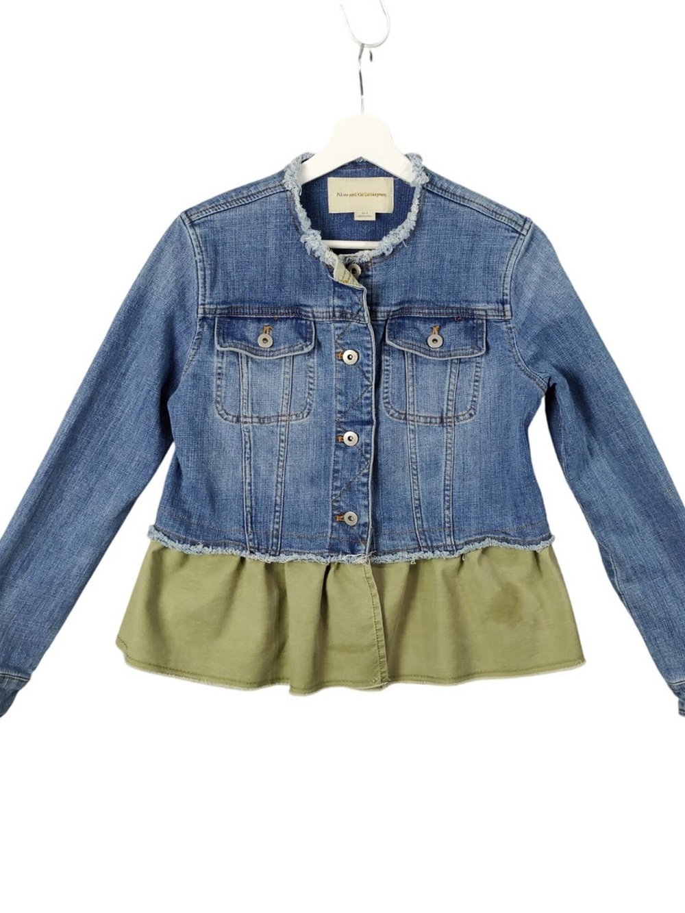 PILCRO Anthroplogie Denim Peplum Jacket with Olive Ruffle Size S - Picture 3 of 7
